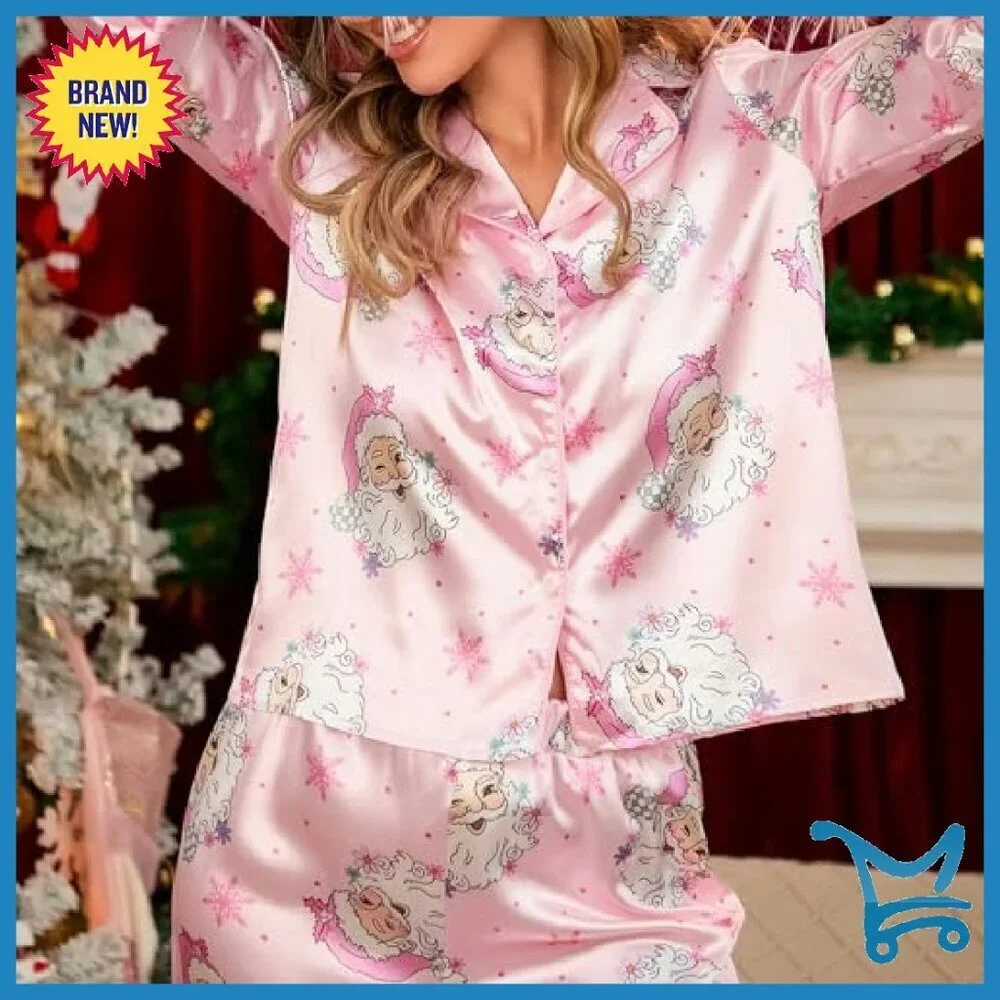Women's Satin Pajama Set with Feather Trim Long Sleeve Button Top Pants